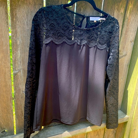 Calvin Klein lace blouse. Long sleeve lace black top - Picture 1 of 6